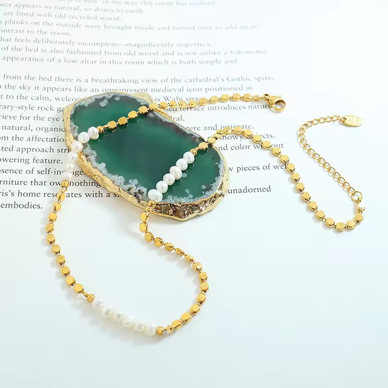 Inaya Modern Festive 18KT Gold Plated Modern Natural Freshwater Pearl Clavicle Chain, Noelle