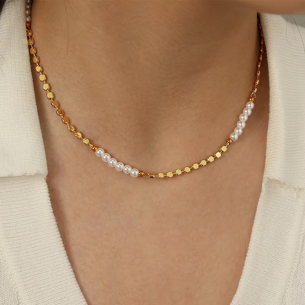 Inaya Modern Festive 18KT Gold Plated Modern Natural Freshwater Pearl Clavicle Chain, Noelle