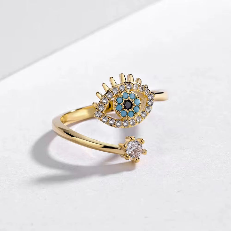 18KT Gold Plated Stainless Steel Evil Eye Adjustable Ring, Nyra