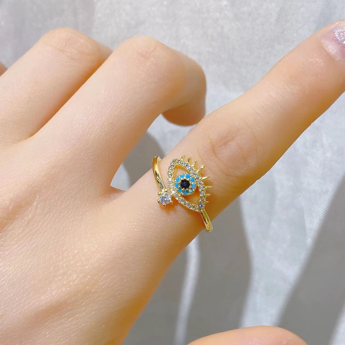 18kt gold plated stainless steel evil eye adjustable ring, nyra