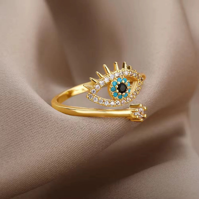 18KT Gold Plated Stainless Steel Evil Eye Adjustable Ring, Nyra