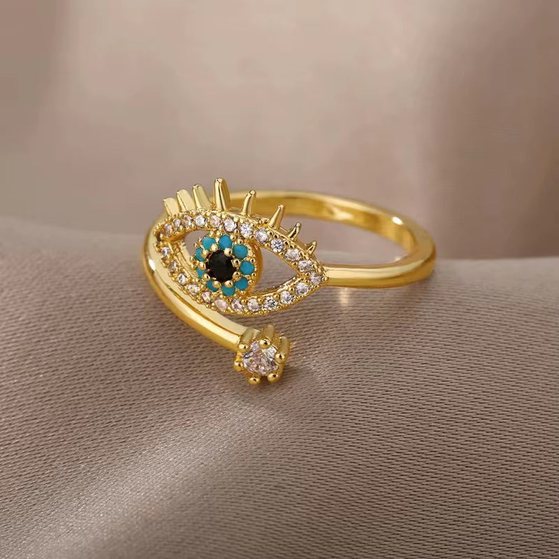18KT Gold Plated Stainless Steel Evil Eye Adjustable Ring, Nyra