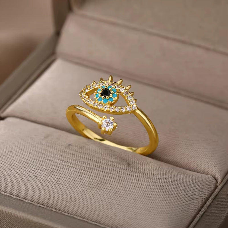 18KT Gold Plated Stainless Steel Evil Eye Adjustable Ring, Nyra