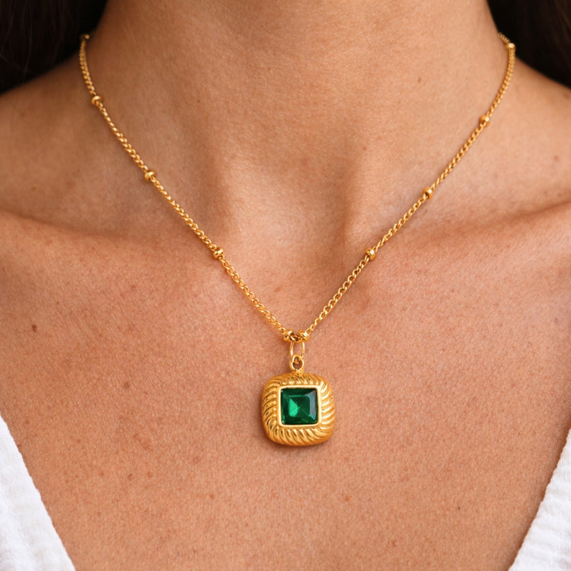 18KT Gold Plated Stainless Steel Green Baguette Cut Stone Pendant Necklace for Women, Ona