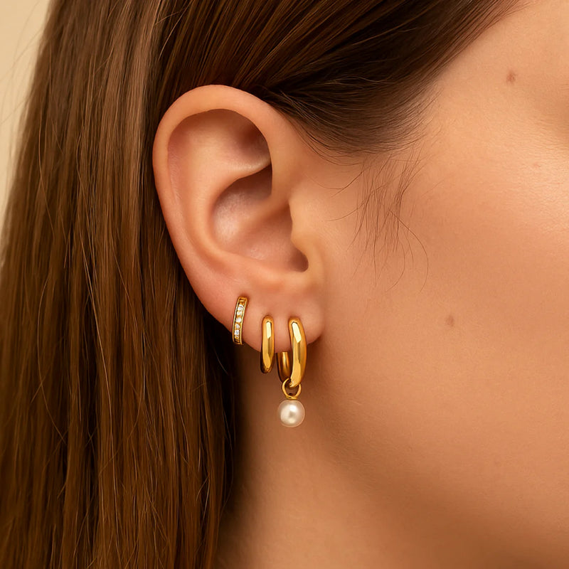 18KT Gold Plated Set of Three Pearl and Golden Hoop Waterproof Earring Set, Ona