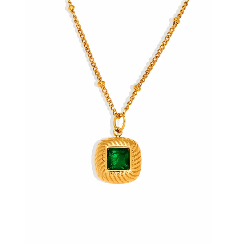 18KT Gold Plated Stainless Steel Green Baguette Cut Stone Pendant Necklace for Women, Ona