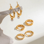 Load image into Gallery viewer, 18KT Gold Plated Set of Three Pearl and Golden Hoop Waterproof Earring Set, Ona
