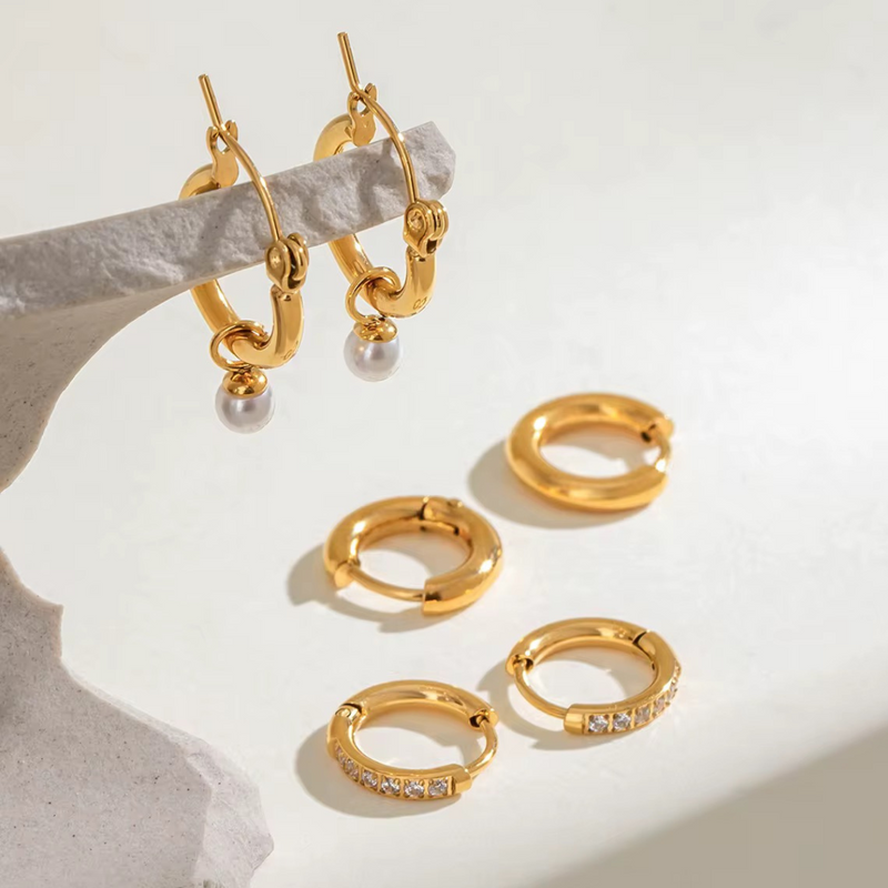 18KT Gold Plated Set of Three Pearl and Golden Hoop Waterproof Earring Set, Ona