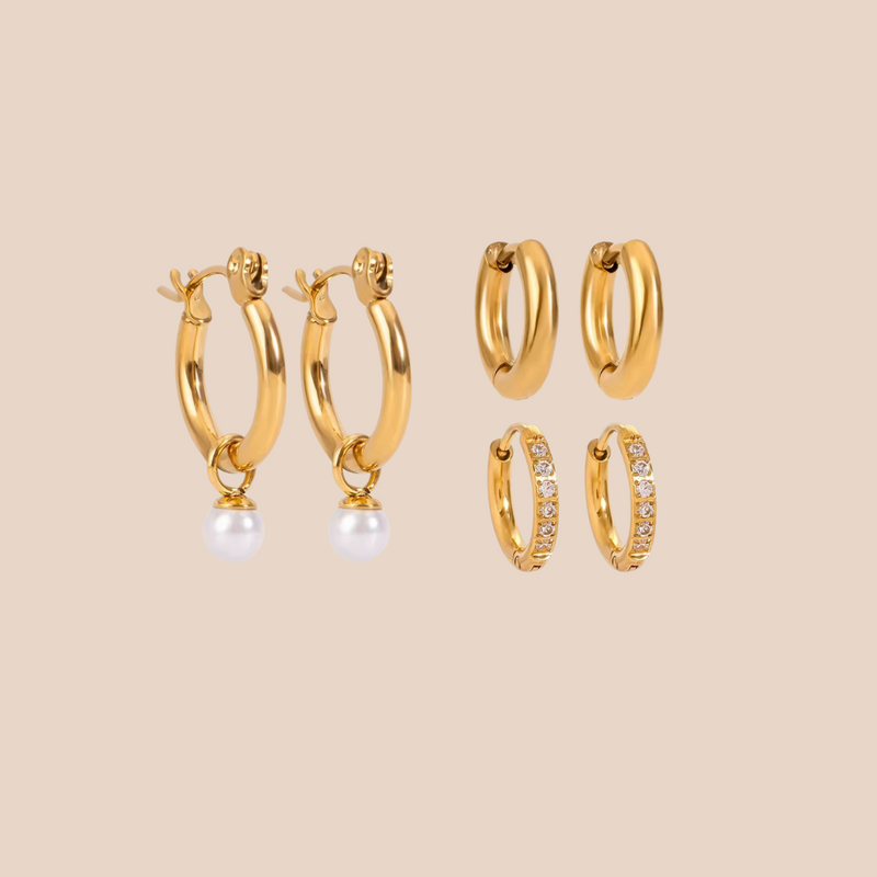 18KT Gold Plated Set of Three Pearl and Golden Hoop Waterproof Earring Set, Ona
