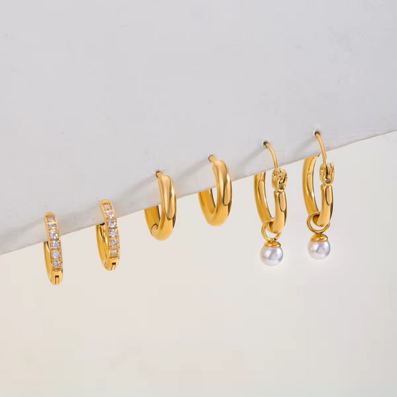 18KT Gold Plated Set of Three Pearl and Golden Hoop Waterproof Earring Set, Ona
