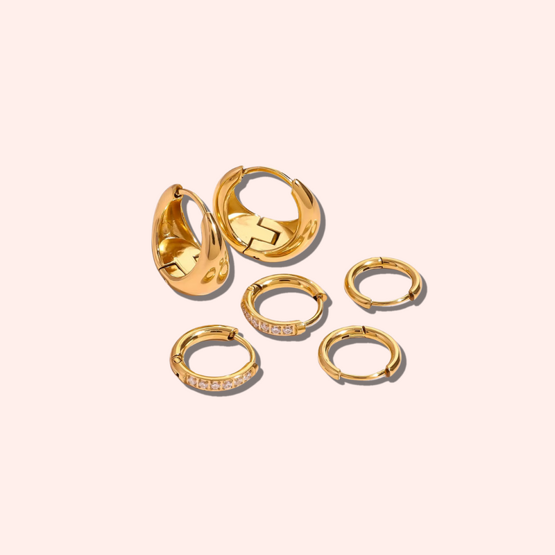 18KT Gold Plated Dainty Set of Three Bali and Golden Hoop Waterproof Earring Set, Pappilon