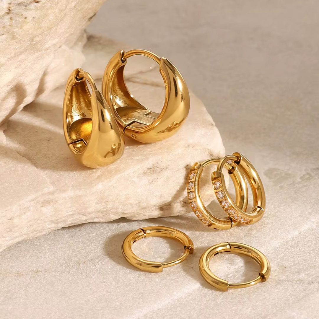 18KT Gold Plated Dainty Set of Three Bali and Golden Hoop Waterproof Earring Set, Pappilon