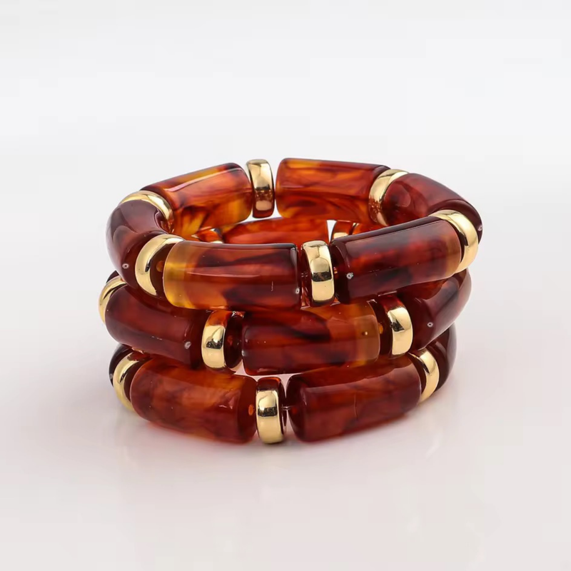 18KT Gold Plated Sleek Acrylic Brown Bead Bracelet, Petal