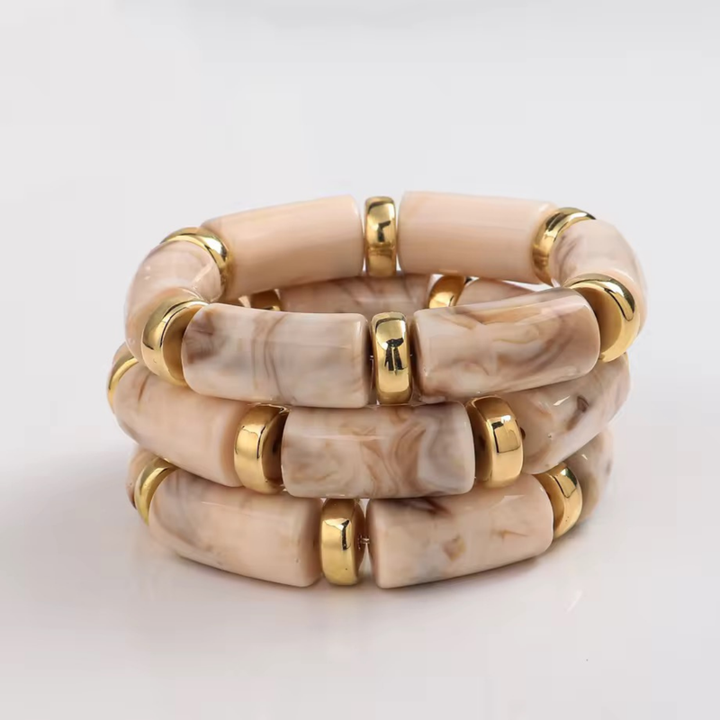 18KT Gold Plated Sleek Acrylic Brown Bead Bracelet, Petal