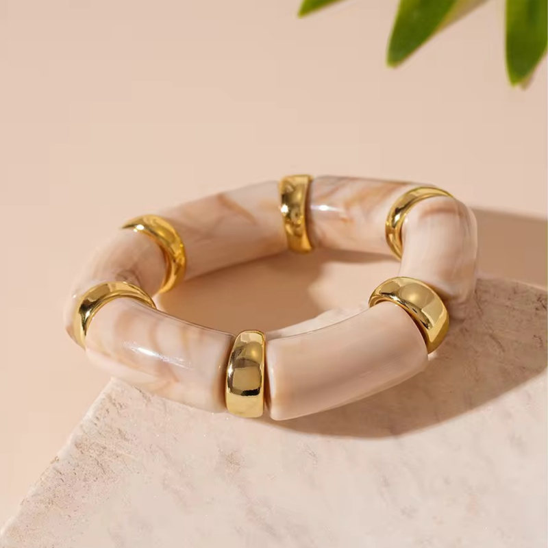 18KT Gold Plated Sleek Acrylic Brown Bead Bracelet, Petal