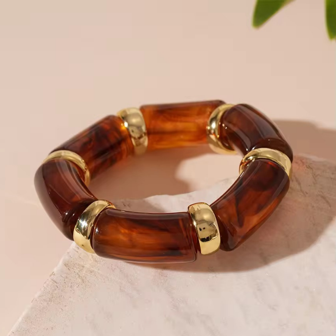 18KT Gold Plated Sleek Acrylic Brown Bead Bracelet, Petal