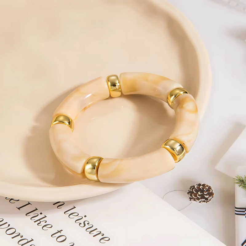 18KT Gold Plated Sleek Acrylic Brown Bead Bracelet, Petal