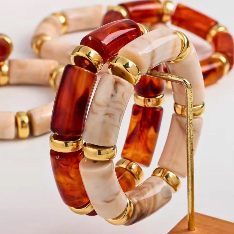 18KT Gold Plated Sleek Acrylic Brown Bead Bracelet, Petal