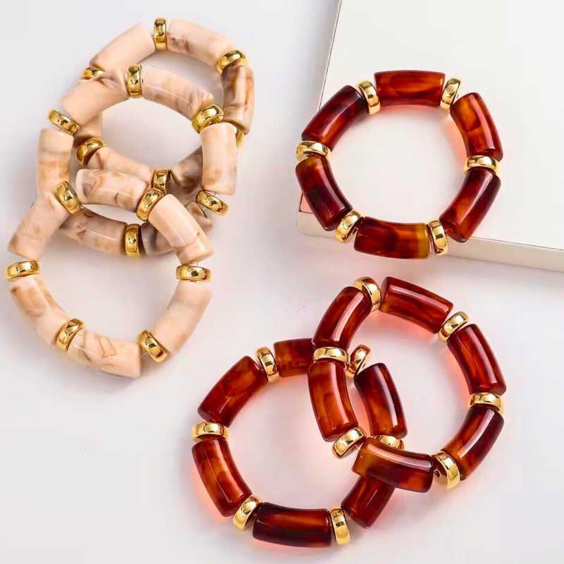 18KT Gold Plated Sleek Acrylic Brown Bead Bracelet, Petal