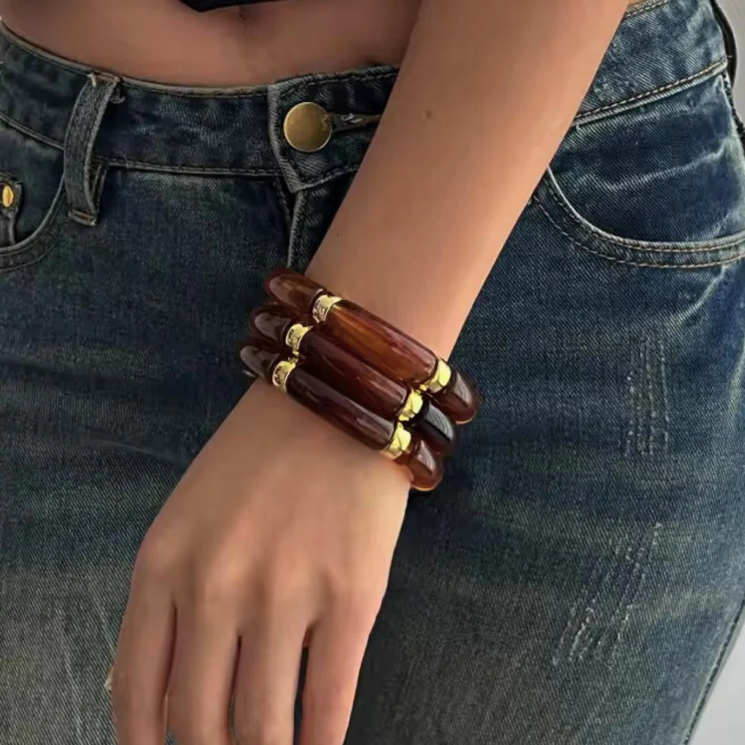 18KT Gold Plated Sleek Acrylic Brown Bead Bracelet, Petal