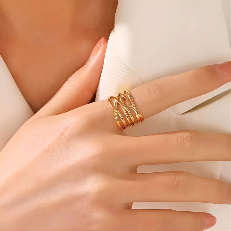 18KT Gold Plated Stainless Steel Stackable Multi-Band Criss Cross Adjustable Ring for Women, Philippa (pre-order)