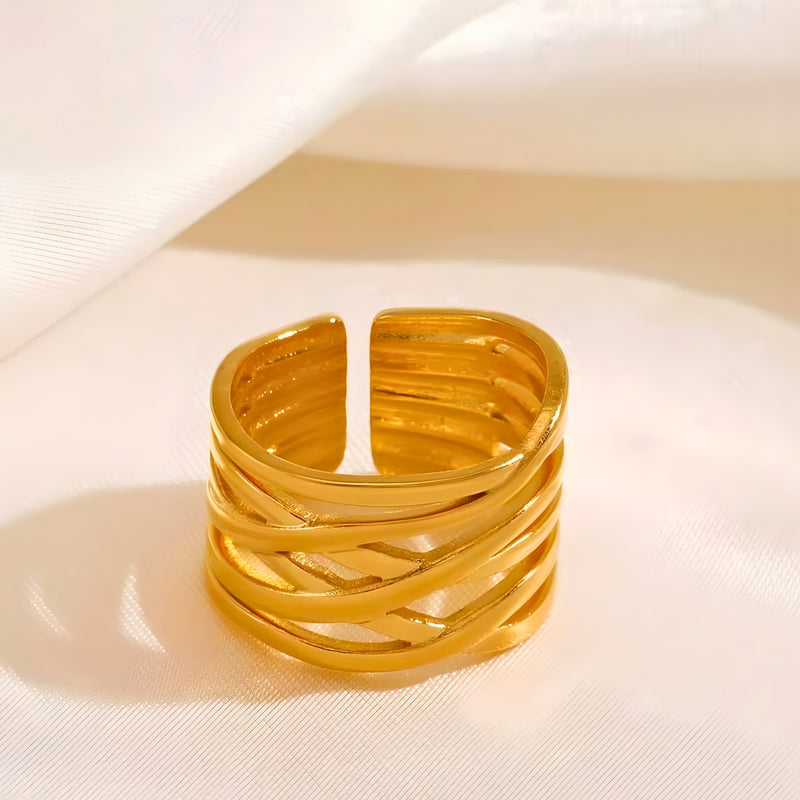 18KT Gold Plated Stainless Steel Stackable Multi-Band Criss Cross Adjustable Ring for Women, Philippa (pre-order)