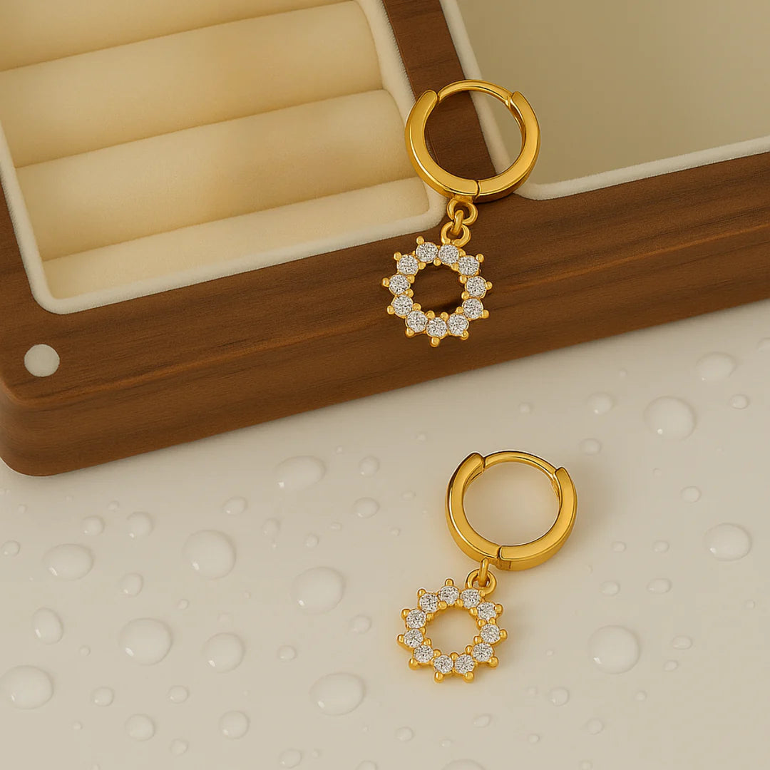 18KT Gold Plated Zircon Studded Sun Charm Stainless Steel Waterproof Earrings, Poppy