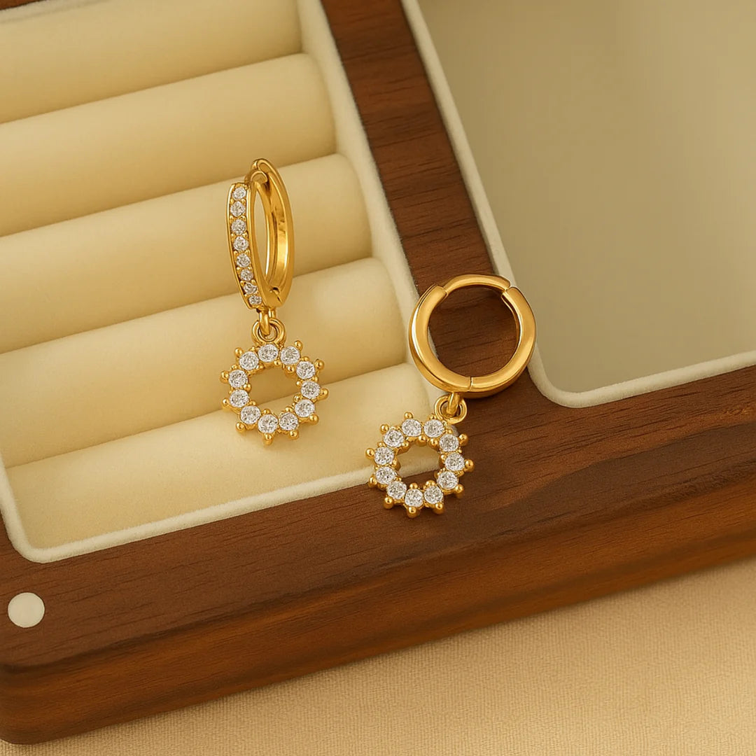 18KT Gold Plated Zircon Studded Sun Charm Stainless Steel Waterproof Earrings, Poppy