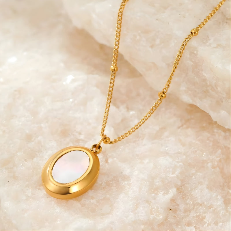 18KT Gold Plated Stainless Steel Contemporary Oval Pearl Inlay Pendant Necklace, Portia