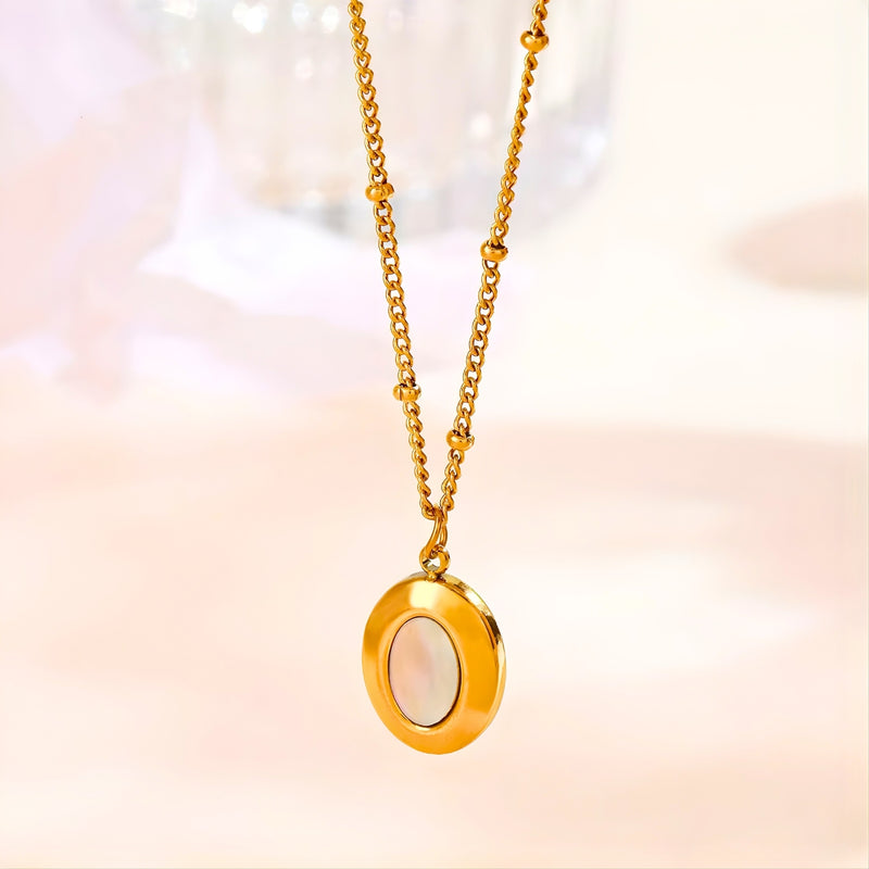 18KT Gold Plated Stainless Steel Contemporary Oval Pearl Inlay Pendant Necklace, Portia