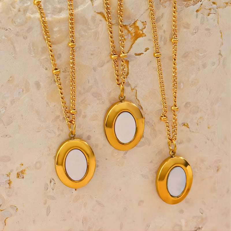 18KT Gold Plated Stainless Steel Contemporary Oval Pearl Inlay Pendant Necklace, Portia