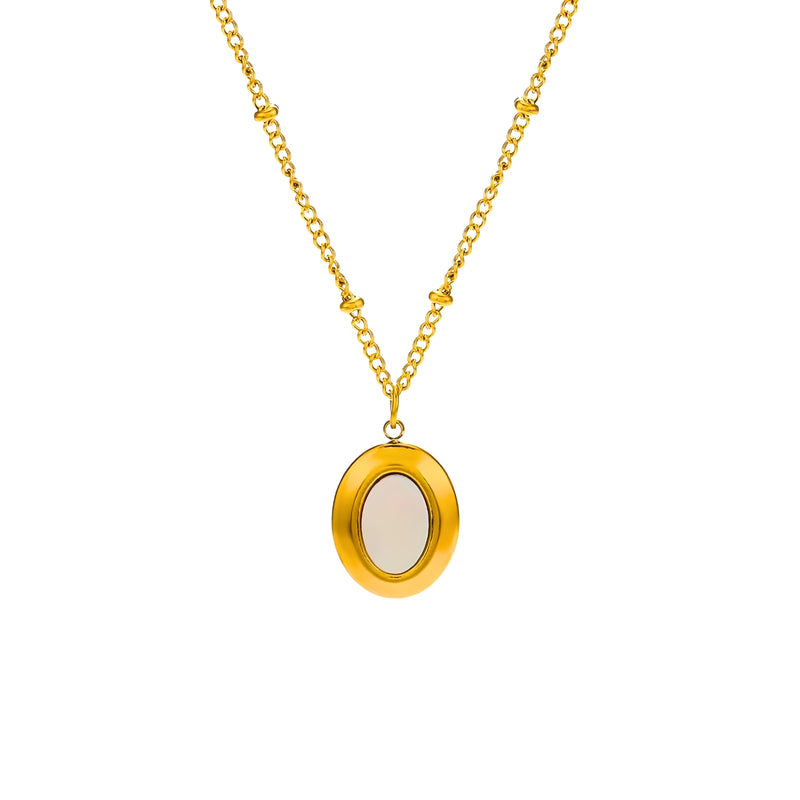 18KT Gold Plated Stainless Steel Contemporary Oval Pearl Inlay Pendant Necklace, Portia