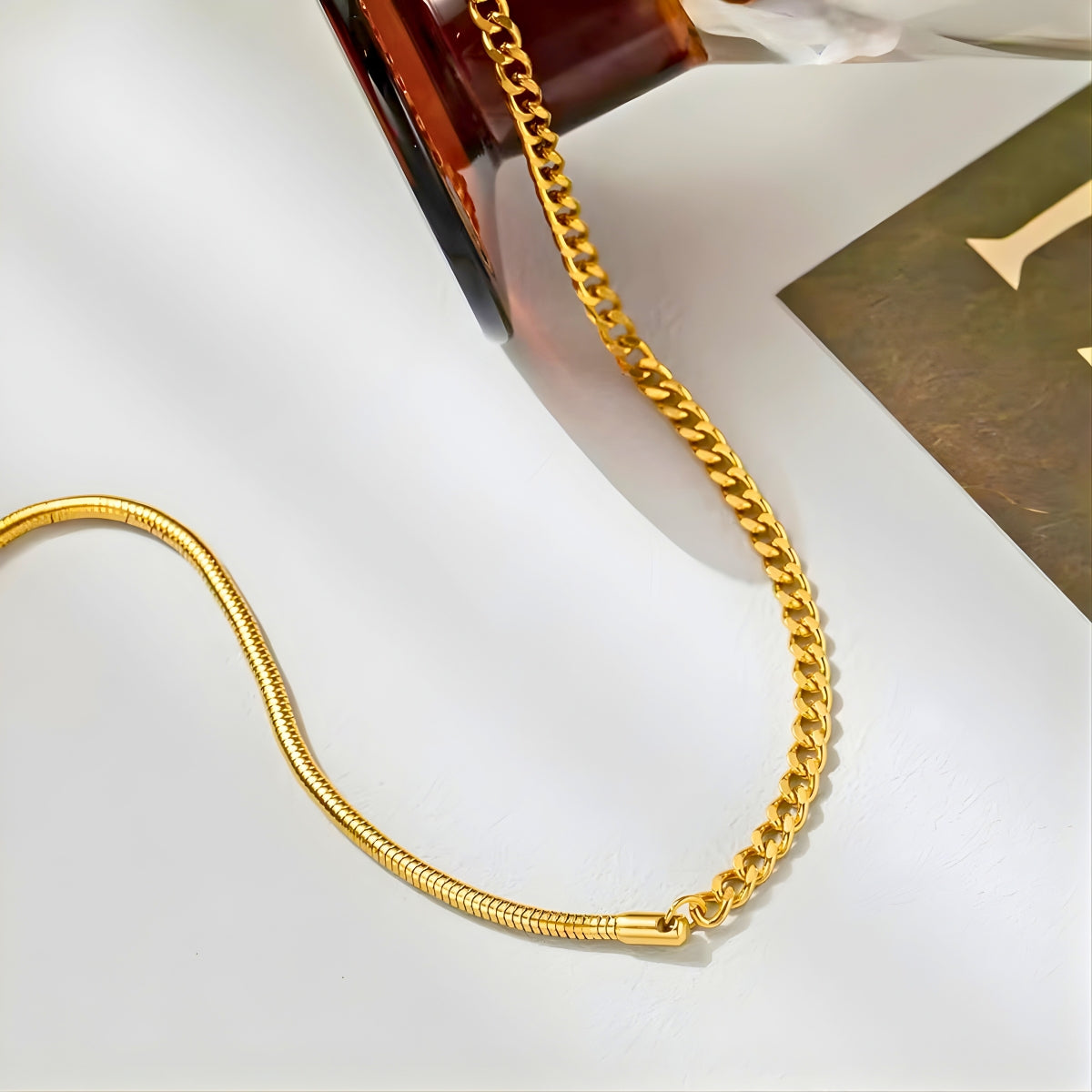 18kt gold plated stainless steel mixed snake and cuban chain necklace for women, prudence