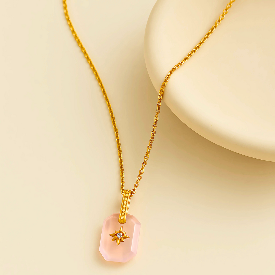 18kt Gold Plated Rose Quartz and Star Necklace, Quartz