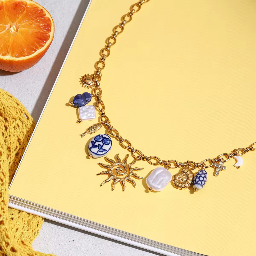 Rainbow Necklace, 18KT Gold Plated Stainless Steel Ceramic Ocean Style Sun Pendant Charm Necklace