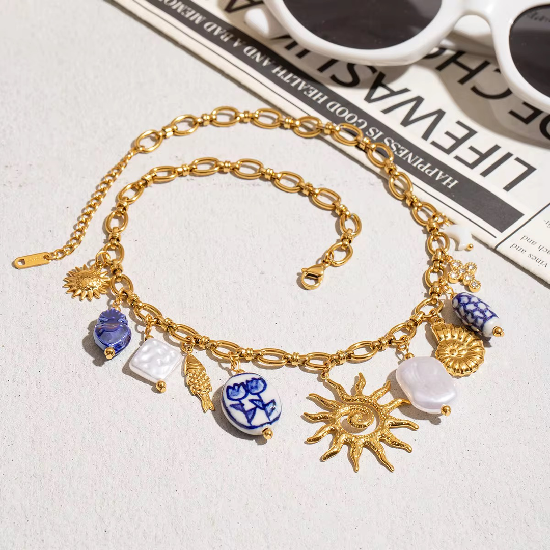 Rainbow Necklace, 18KT Gold Plated Stainless Steel Ceramic Ocean Style Sun Pendant Charm Necklace