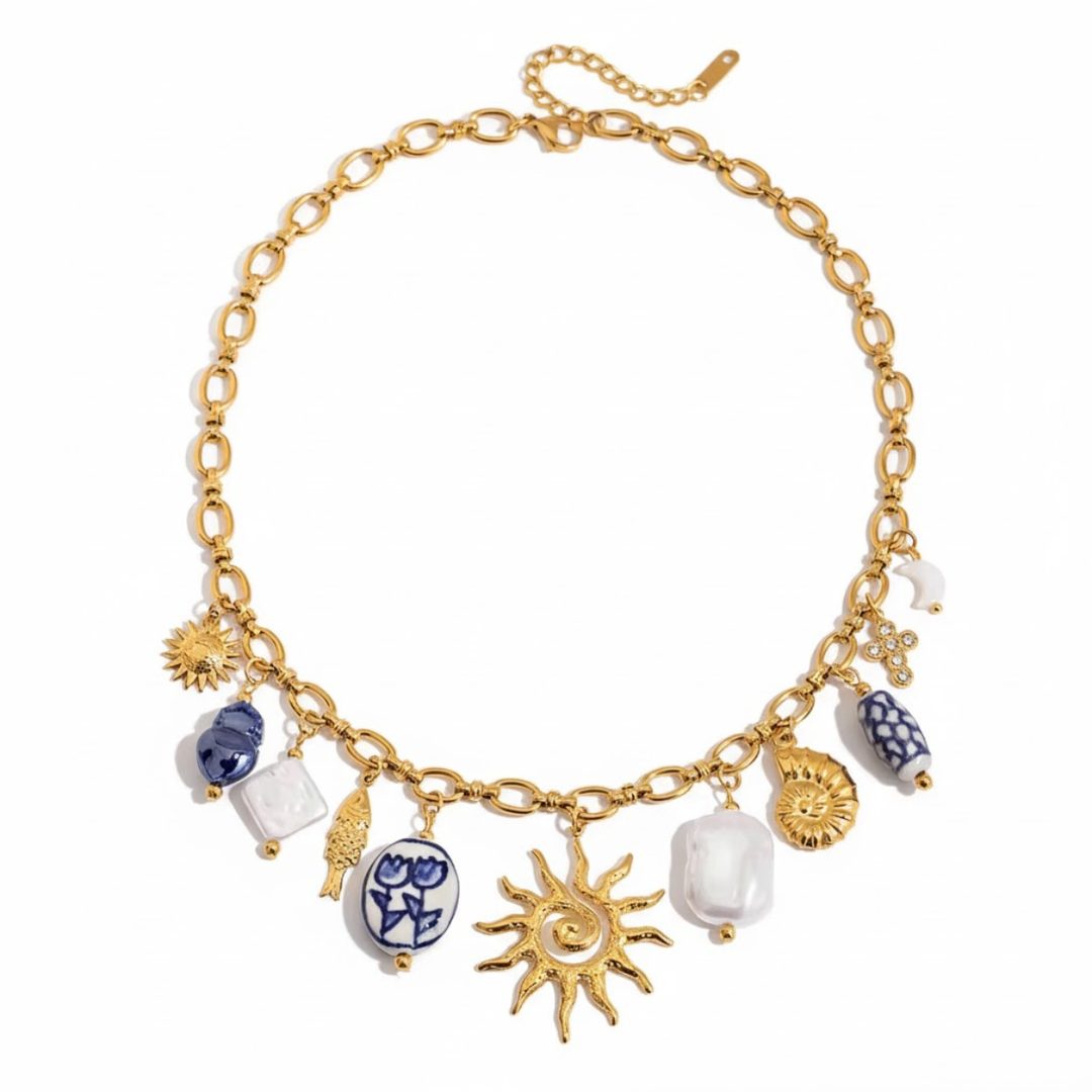 Rainbow Necklace, 18KT Gold Plated Stainless Steel Ceramic Ocean Style Sun Pendant Charm Necklace