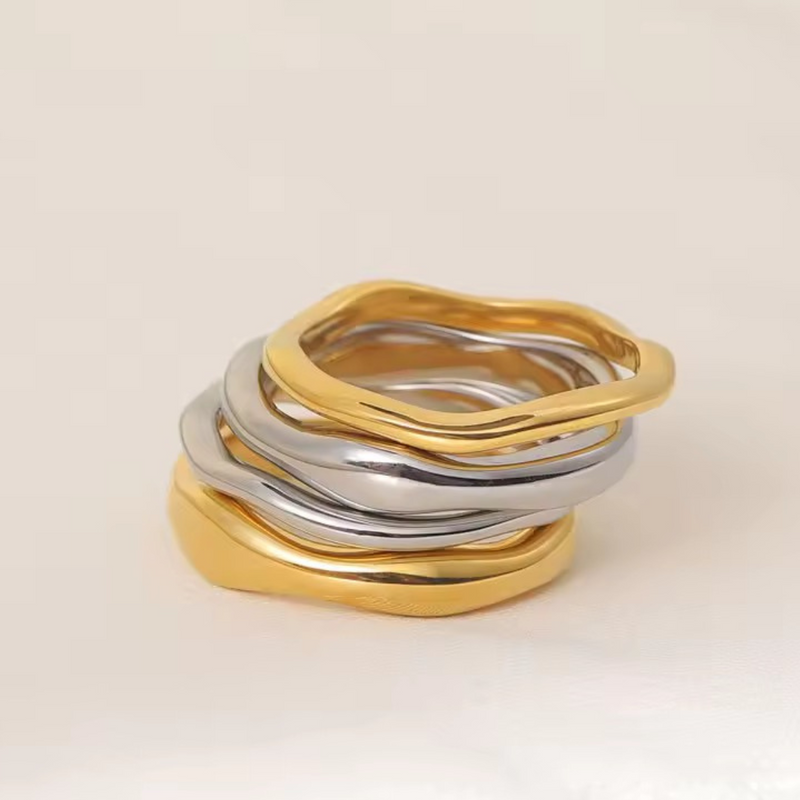 Inaya Modern Festive 18KT Gold Plated Hammered Irregular Stackable Finger Rings, Reisha