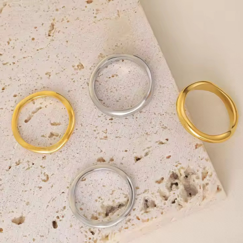 Inaya Modern Festive 18KT Gold Plated Hammered Irregular Stackable Finger Rings, Reisha
