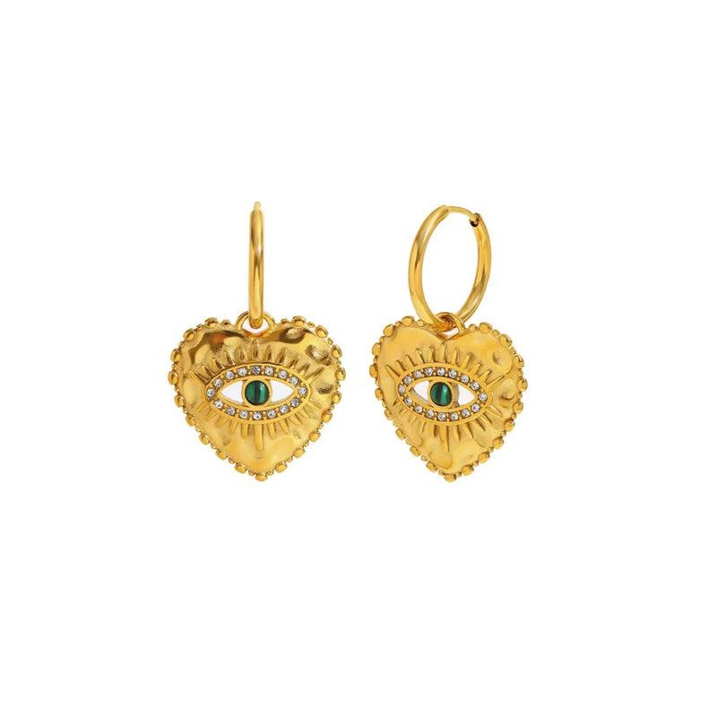 18K Gold Plated Heart Evil Eye Hoop Earrings with Malachite, Rhea