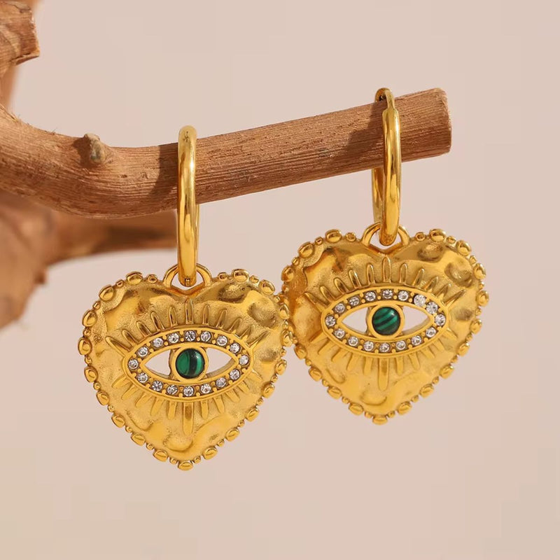 18K Gold Plated Heart Evil Eye Hoop Earrings with Malachite, Rhea