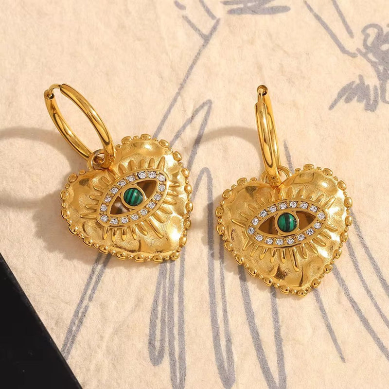 18K Gold Plated Heart Evil Eye Hoop Earrings with Malachite, Rhea