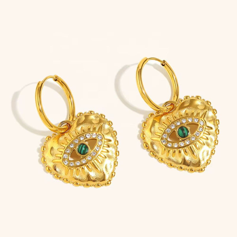 18K Gold Plated Heart Evil Eye Hoop Earrings with Malachite, Rhea