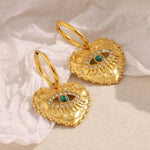 Load image into Gallery viewer, 18K Gold Plated Heart Evil Eye Hoop Earrings with Malachite, Rhea
