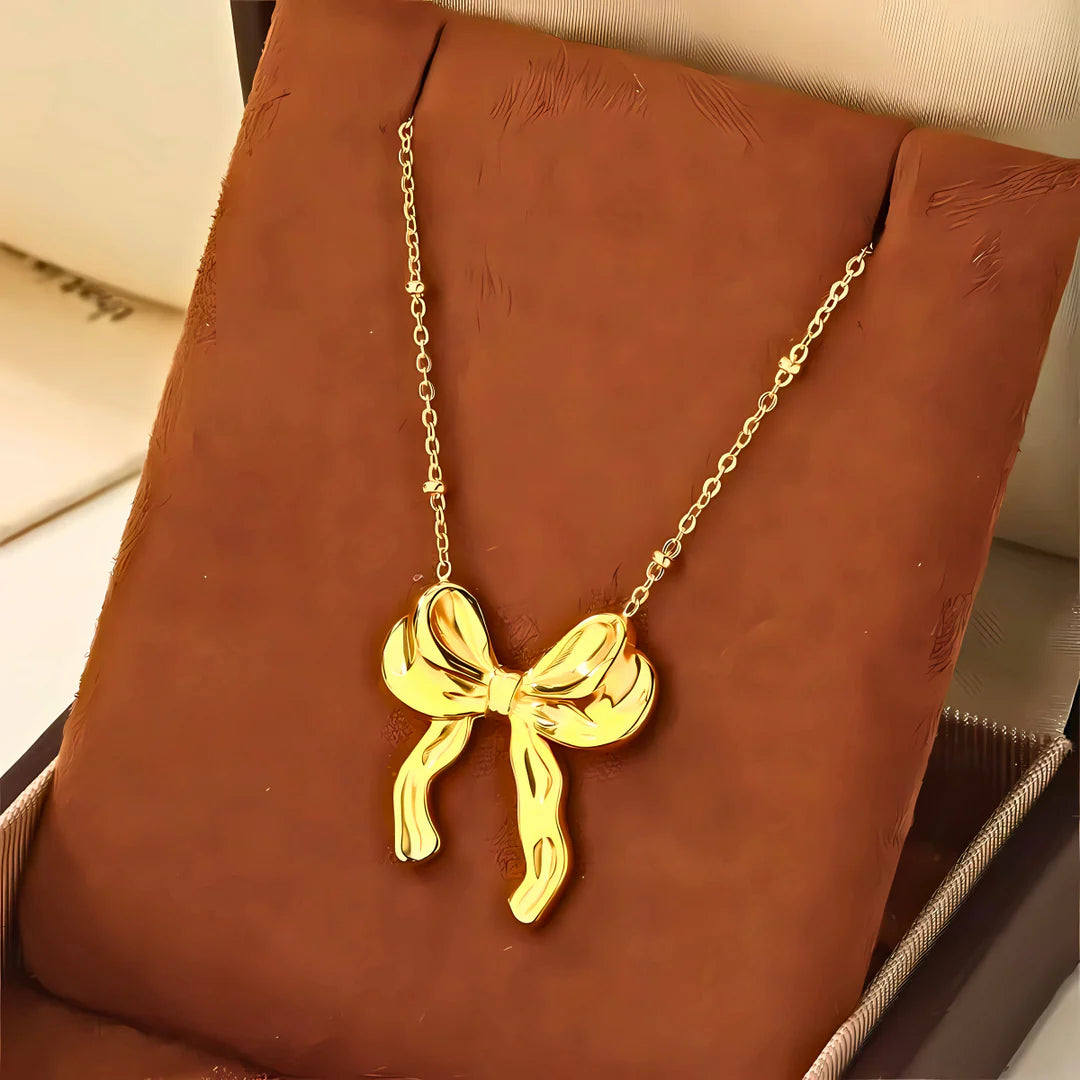 18kt gold plated rolo chain & statement bow stainless steel waterproof pendant necklace, rosa