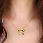 Load image into Gallery viewer, 18KT Gold Plated Rolo Chain &amp; Statement Bow Stainless Steel Waterproof Pendant Necklace, Rosa
