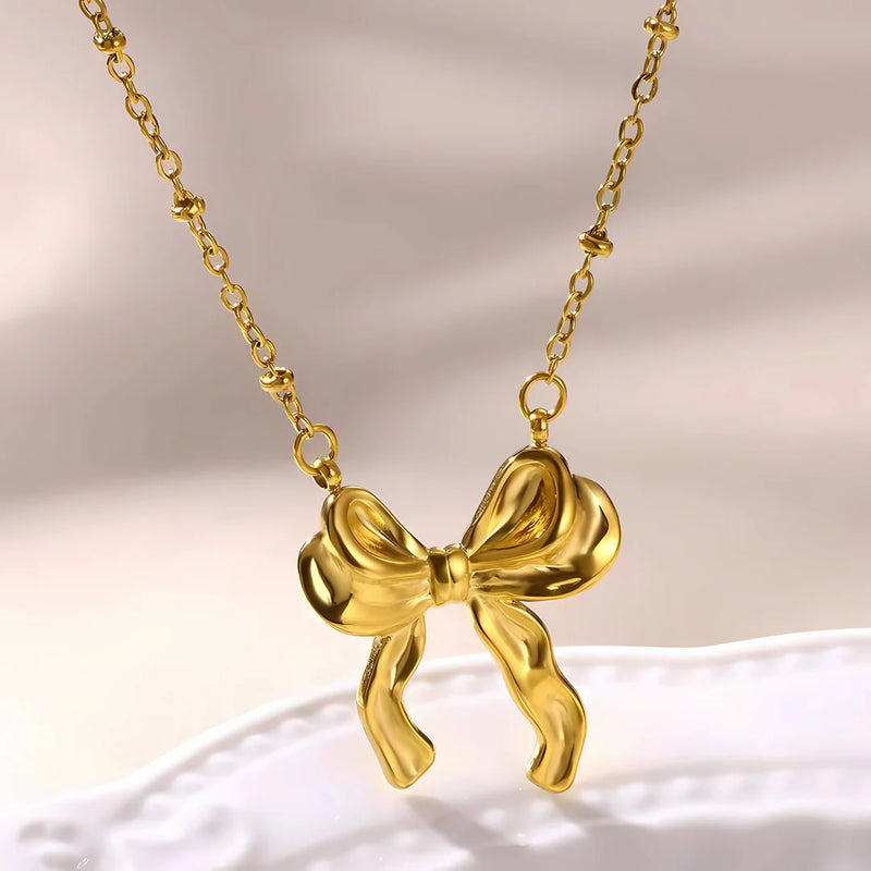 18KT Gold Plated Rolo Chain & Statement Bow Stainless Steel Waterproof Pendant Necklace, Rosa