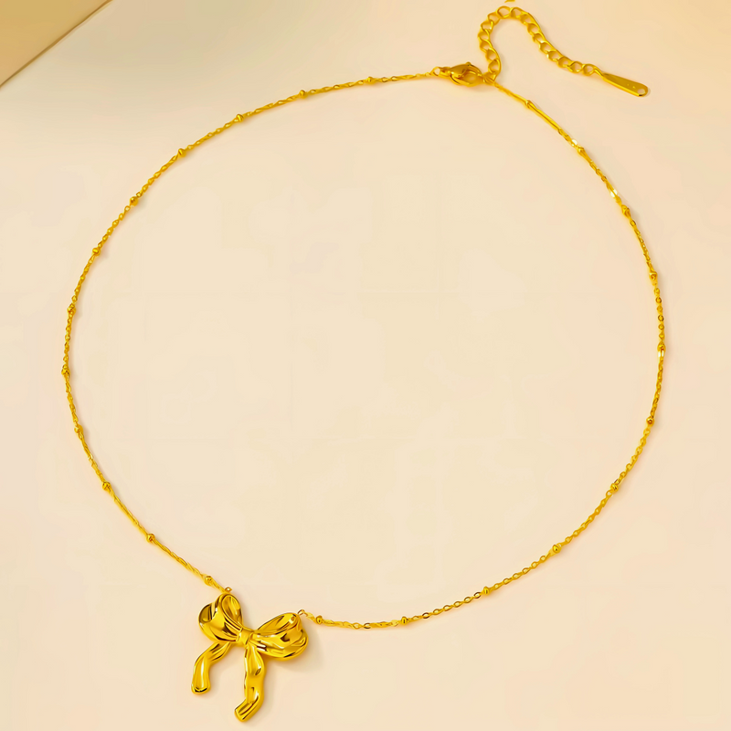 18KT Gold Plated Rolo Chain & Statement Bow Stainless Steel Waterproof Pendant Necklace, Rosa