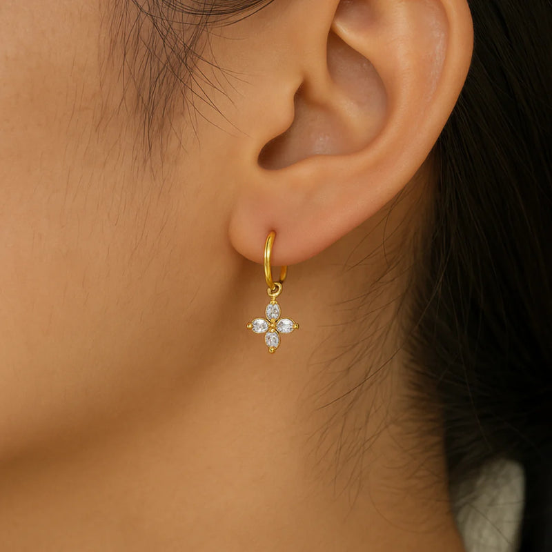 18KT Gold Plated Zircon Flower Stainless Steel Waterproof Charm Earrings, Rosea