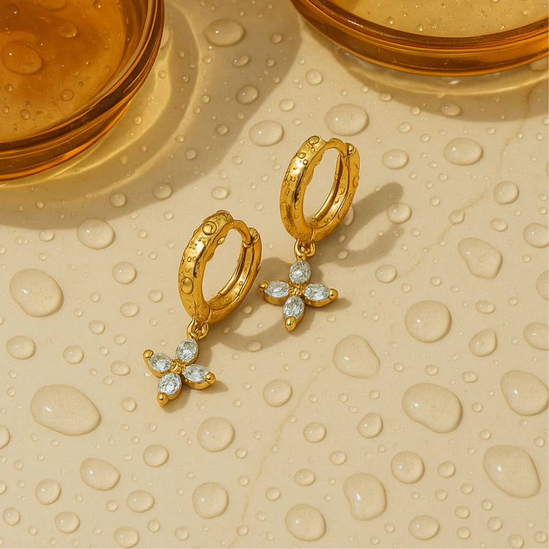 18KT Gold Plated Zircon Flower Stainless Steel Waterproof Charm Earrings, Rosea